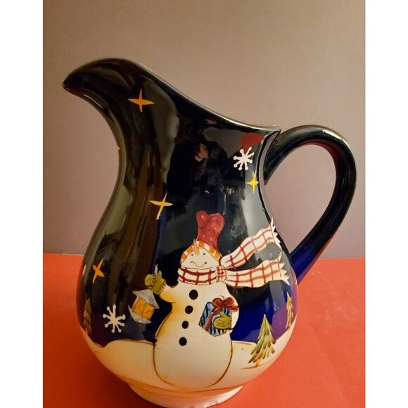 Ceramic Navy Blue Snowman Pitcher - Picture 1 of 5